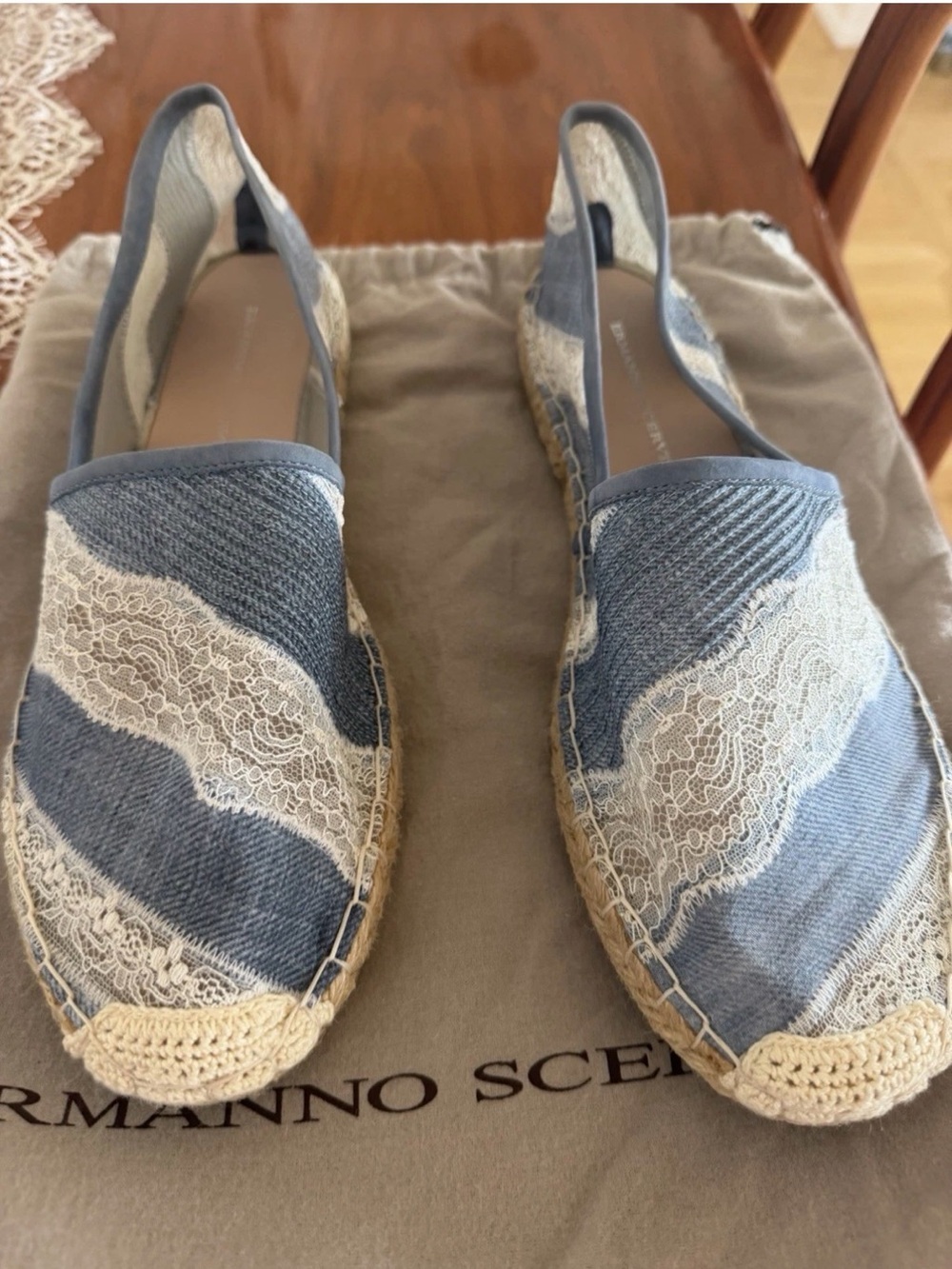 Ermanno Scervino Denim and Cream Lace Espadrille Slip-Ons